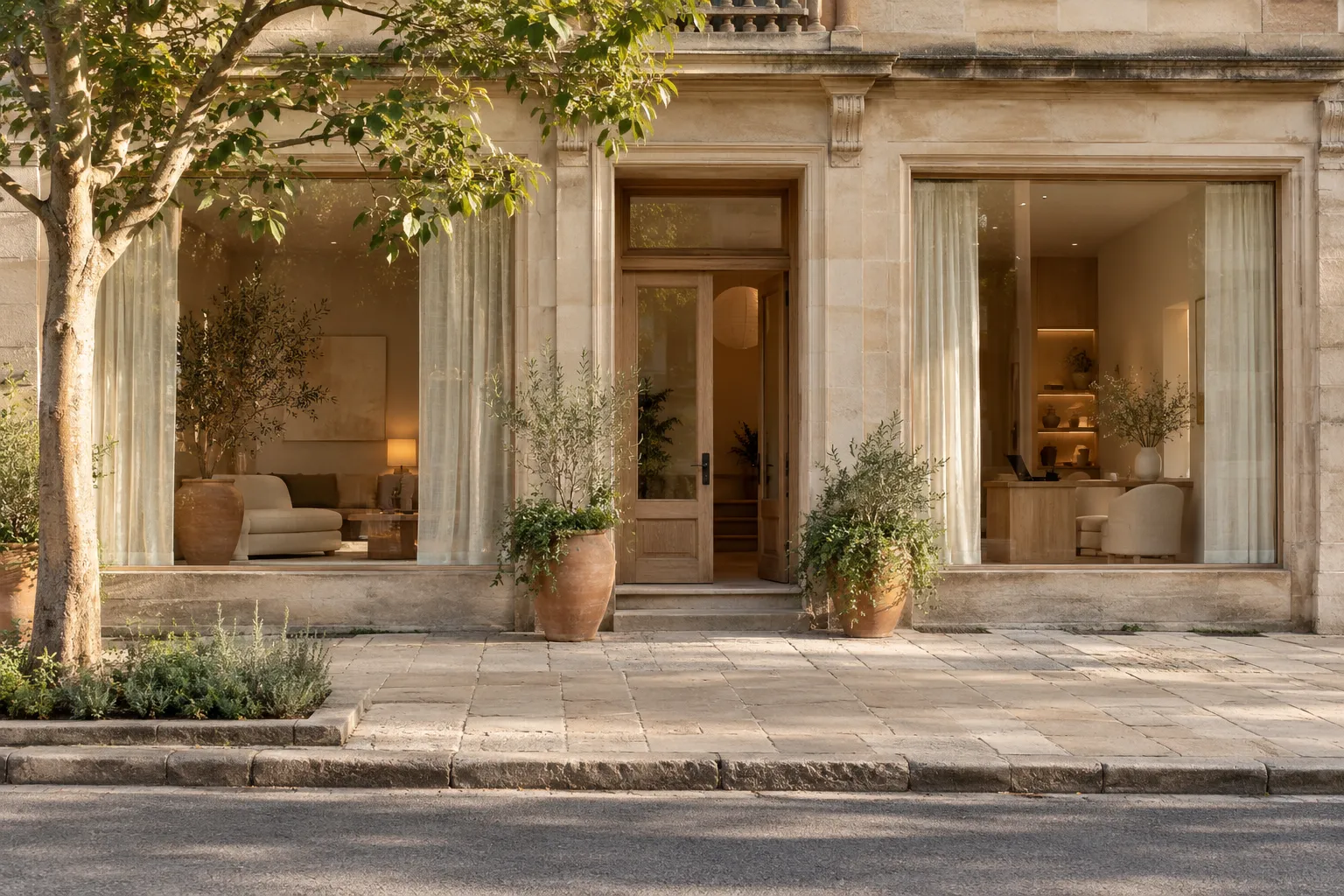 Stone shopfront of the clinic with tall windows, linen curtains and potted olive trees