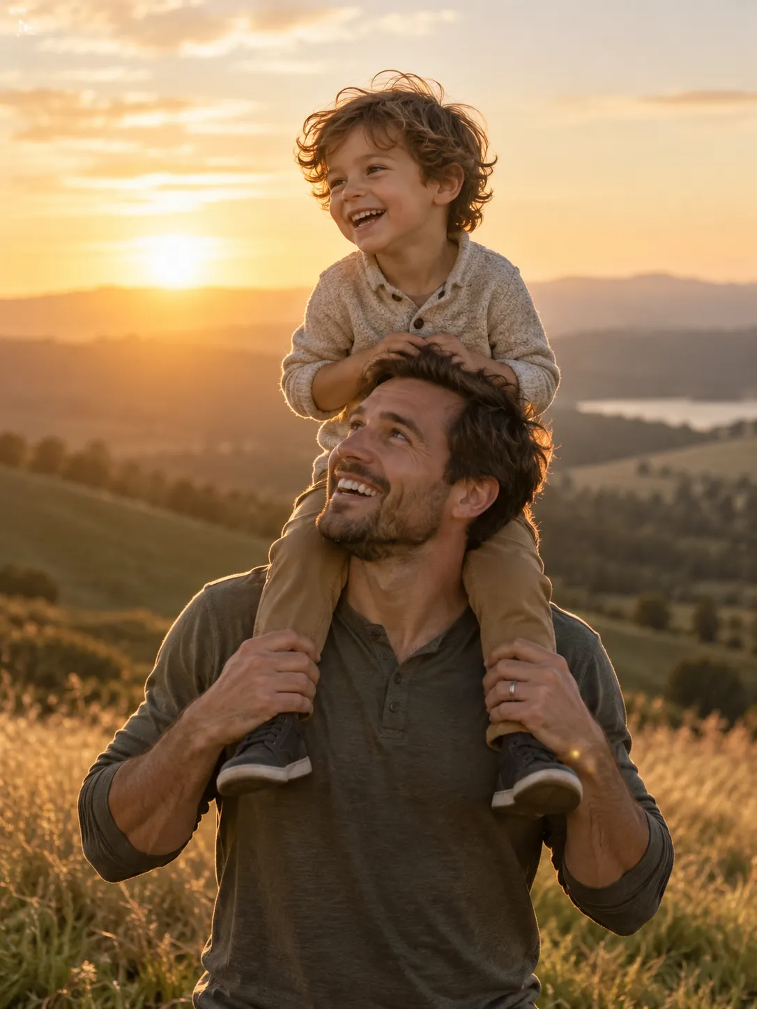A father lifting his child onto his shoulders at sunset