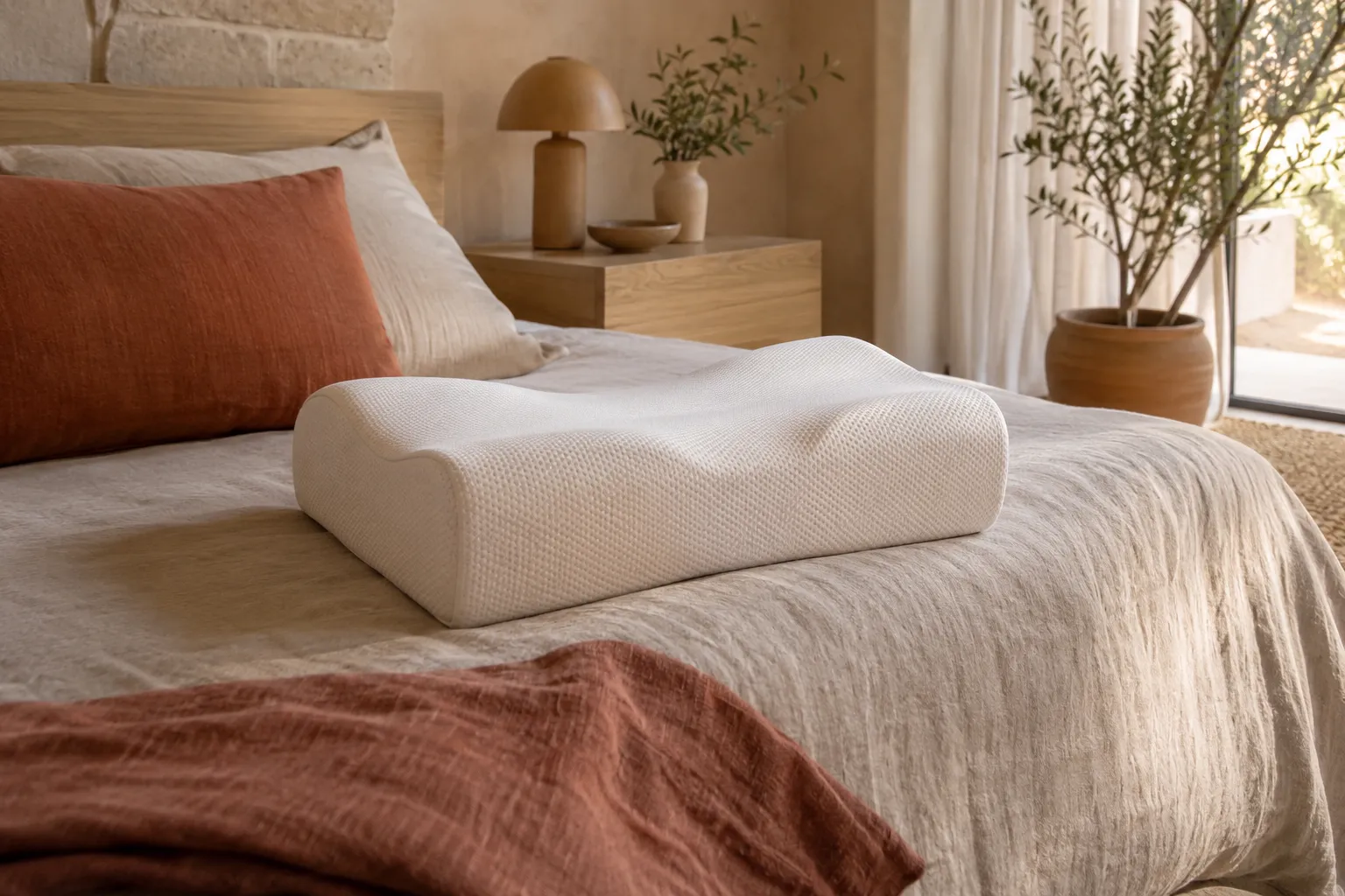 Contoured cervical support pillow resting on a neatly made bed