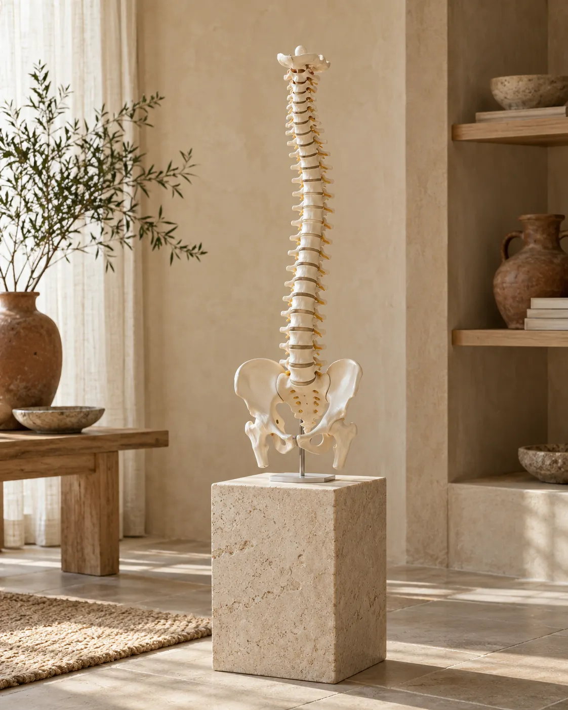 Full anatomical spine model on a stand showing its natural curves